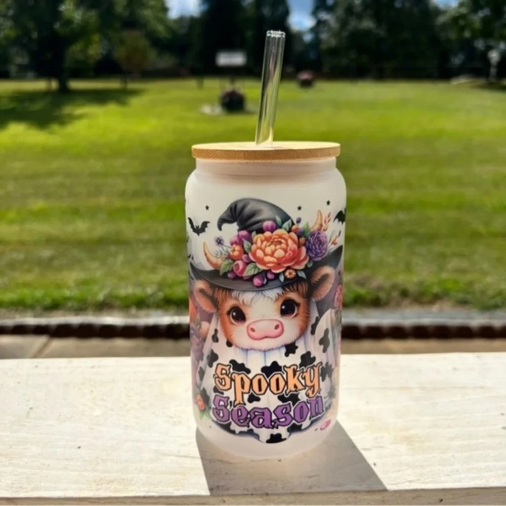 Highland Cow Halloween Spooky Season 16oz Frosted Glass